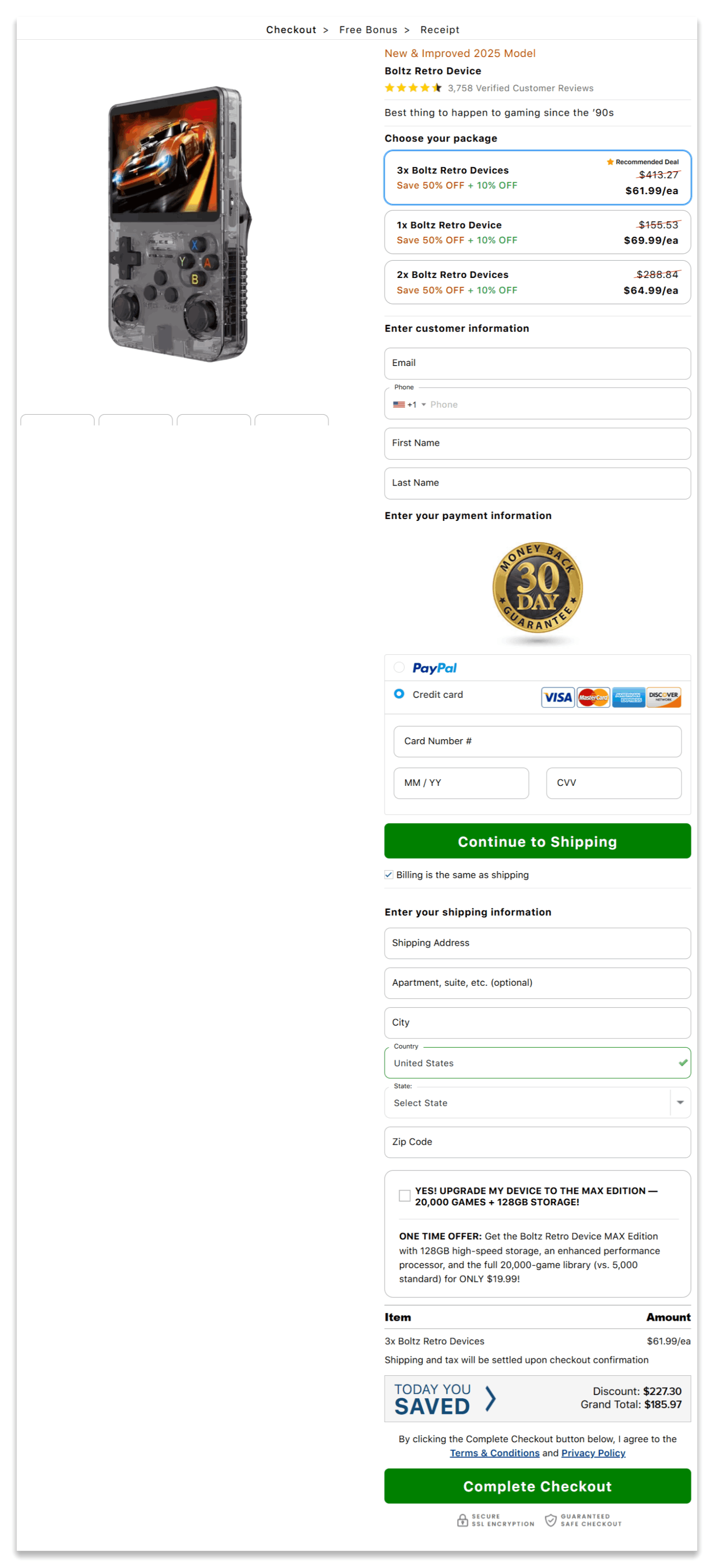 Boltz Retro Device secure checkout page